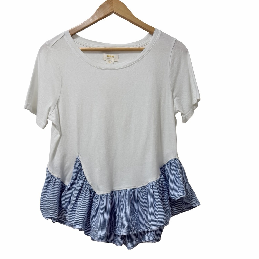 Anthropologie Maeve Womens Mixed Media Peplum Short Sleeve T Shirt Size S White